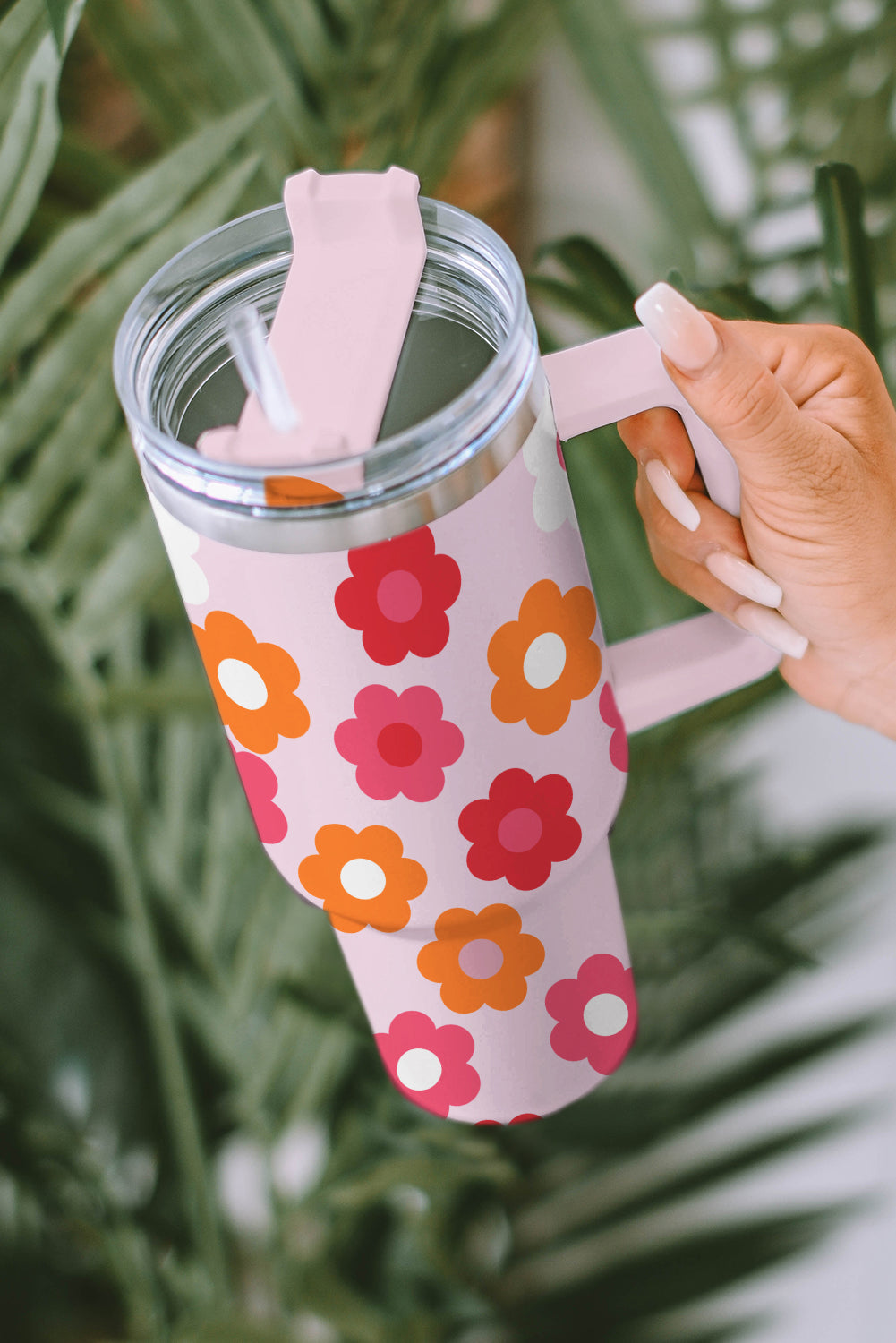 Multicolor Flower Print Handled Stainless Steel Vacuum Cup