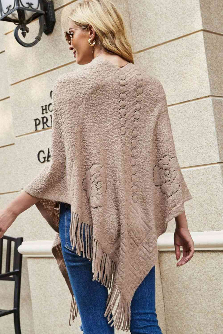 Pearl Trim Fringe Hem Poncho