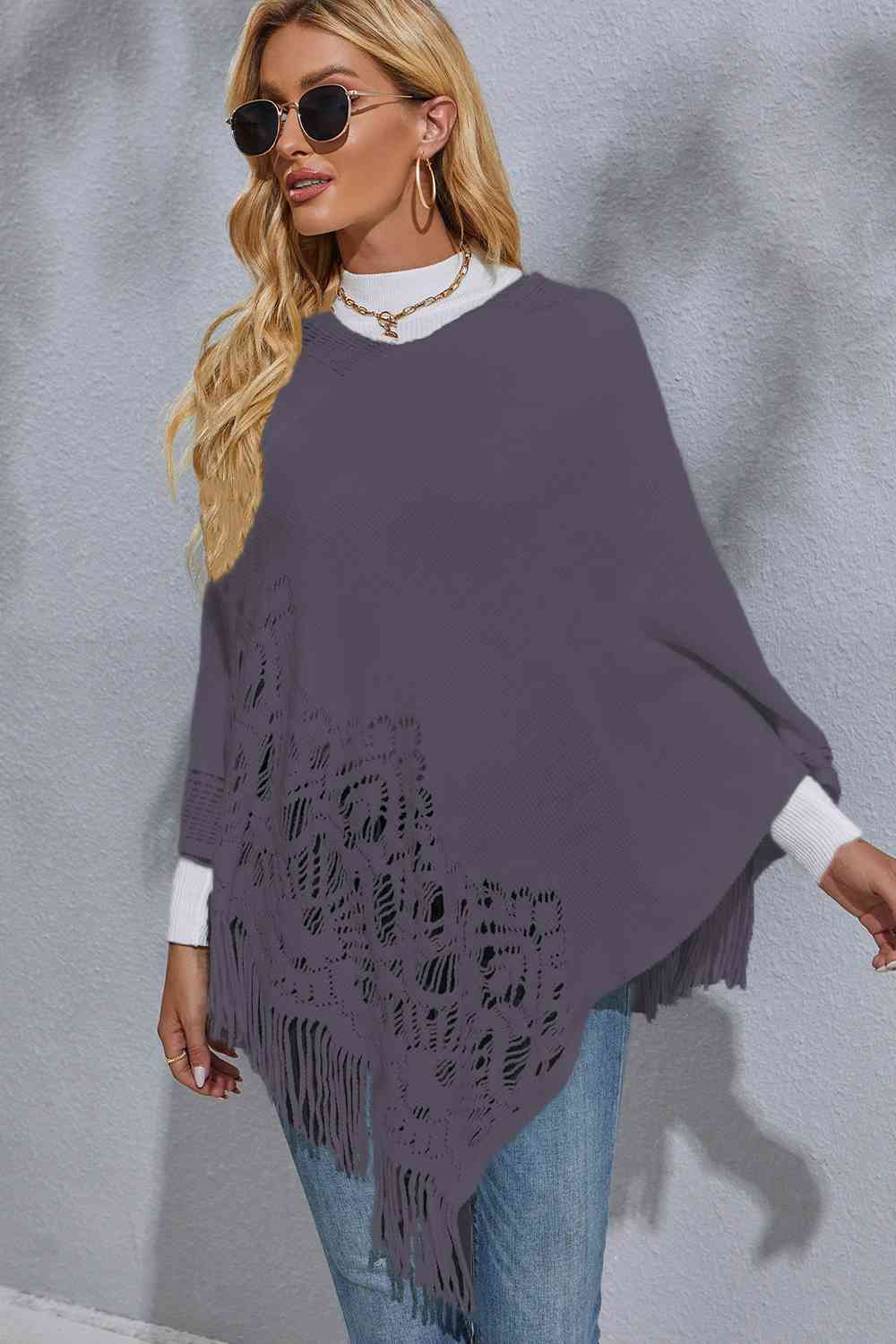 Round Neck Fringe Detail Poncho