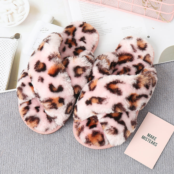 Faux Fur Crisscross Strap Slippers