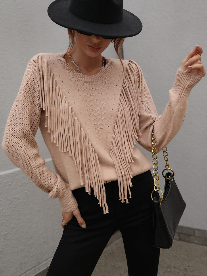 Double Take Fringe Detail Ribbed Trim Sweater