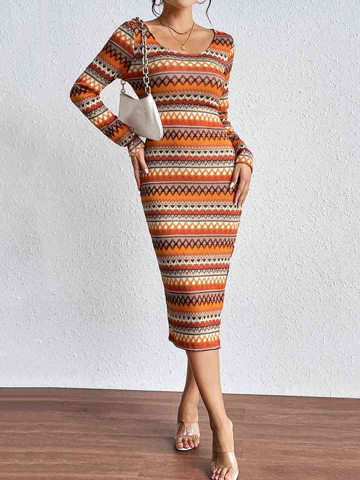 Printed Scoop Neck Slit Pencil Dress