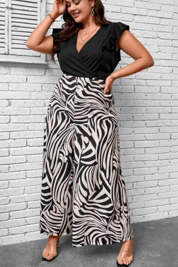 Plus Size Printed Surplice Neck Wide Leg Jumpsuit