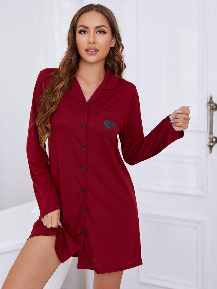 Heart Graphic Lapel Collar Long Sleeve Night Dress