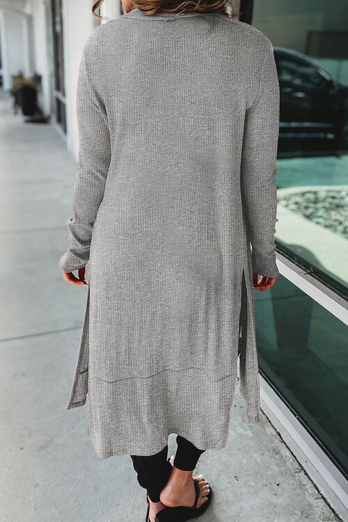 Button Up High-Low Long Sleeve Slit Cardigan