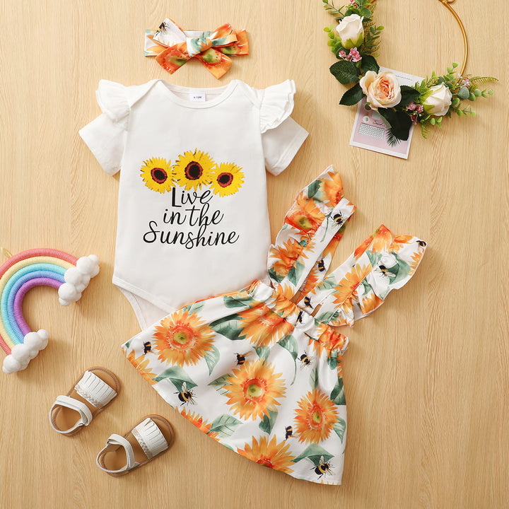 Graphic Bodysuit and Sunflower Overall Skirt Set