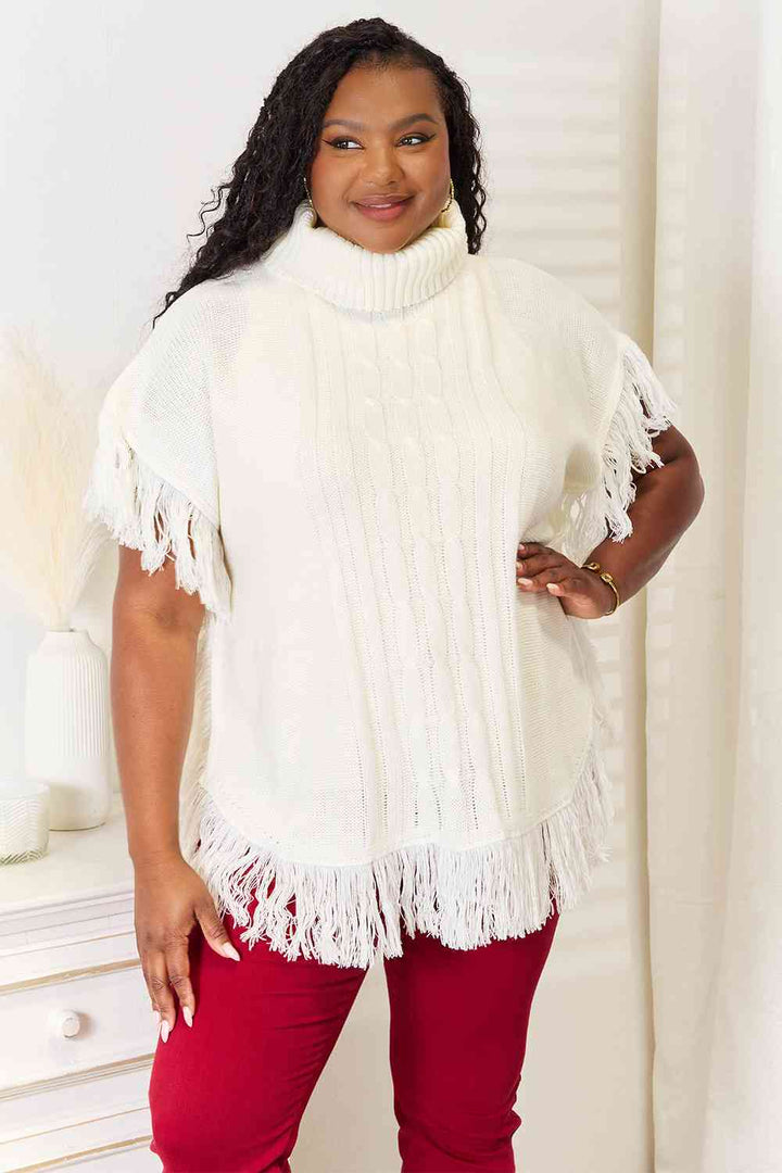 Justin Taylor Turtle Neck Fringe Poncho