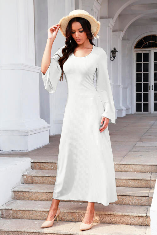 Tie Back Ribbed Round Neck Long Sleeve Dress