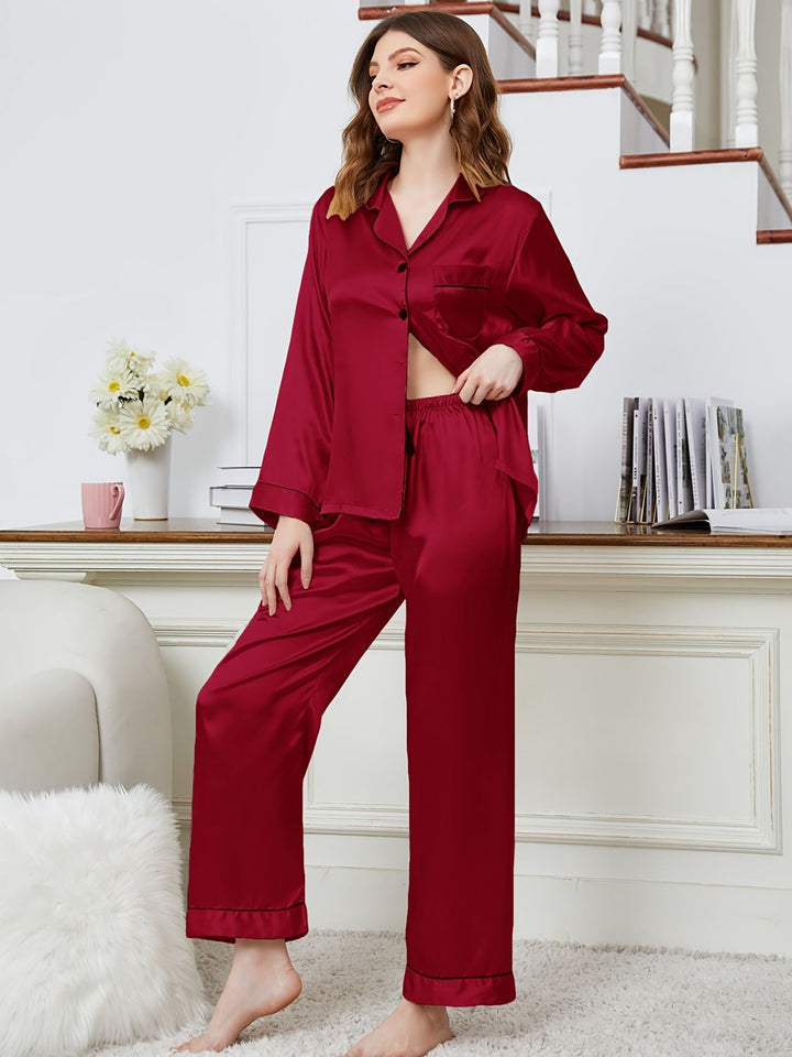 Lapel Collar Long Sleeve Top and Pants Pajama Set