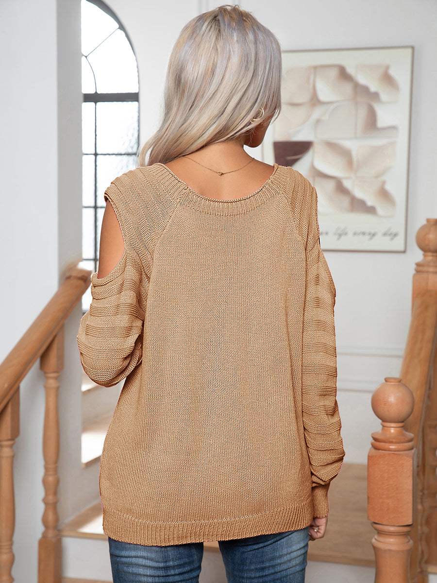 Decorative Button Cold-Shoulder Sweater