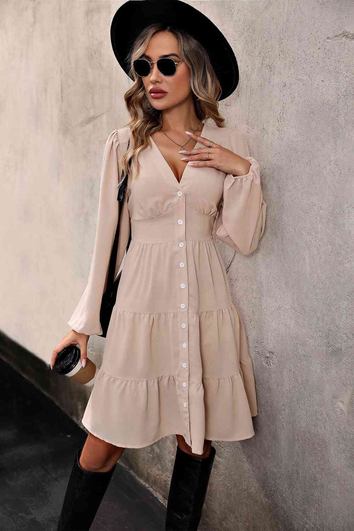 V Neck Button Up Tiered Dress