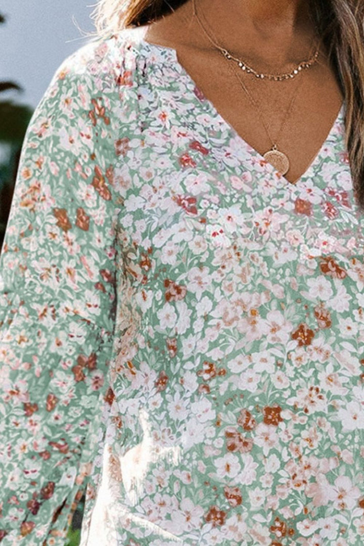 Floral Notched Balloon Sleeve Blouse