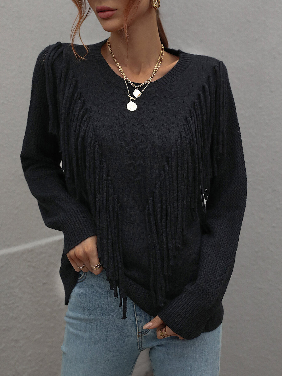 Double Take Fringe Detail Ribbed Trim Sweater