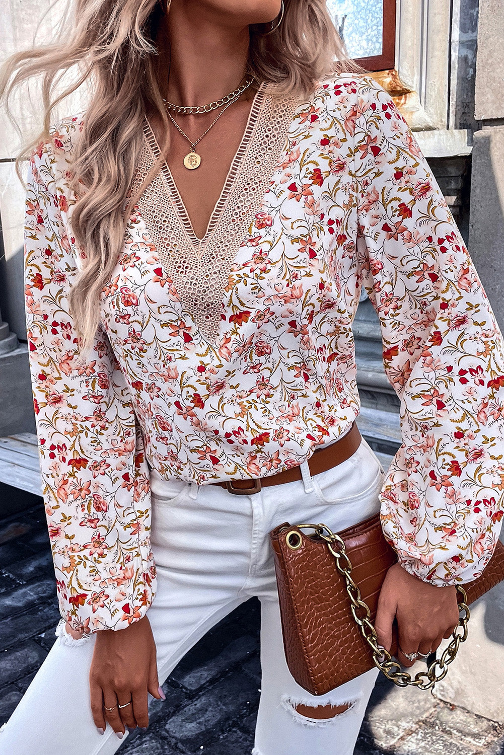 Printed V-Neck Long Sleeve Blouse