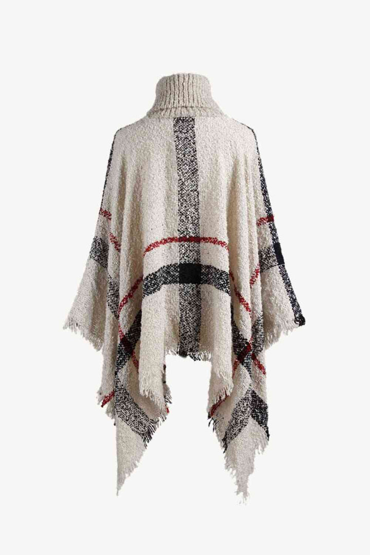 Plaid Turtleneck Raw Hem Poncho