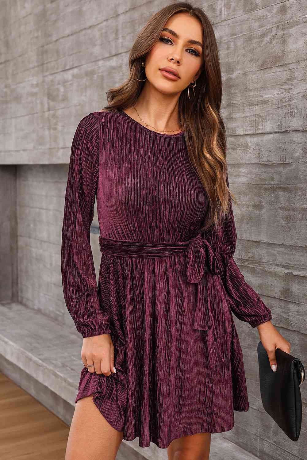 Round Neck Tie Front Long Sleeve Dress