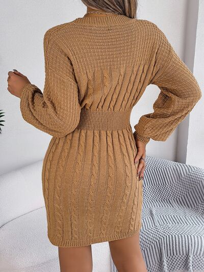 Cable-Knit Cutout Round Neck Slit Sweater