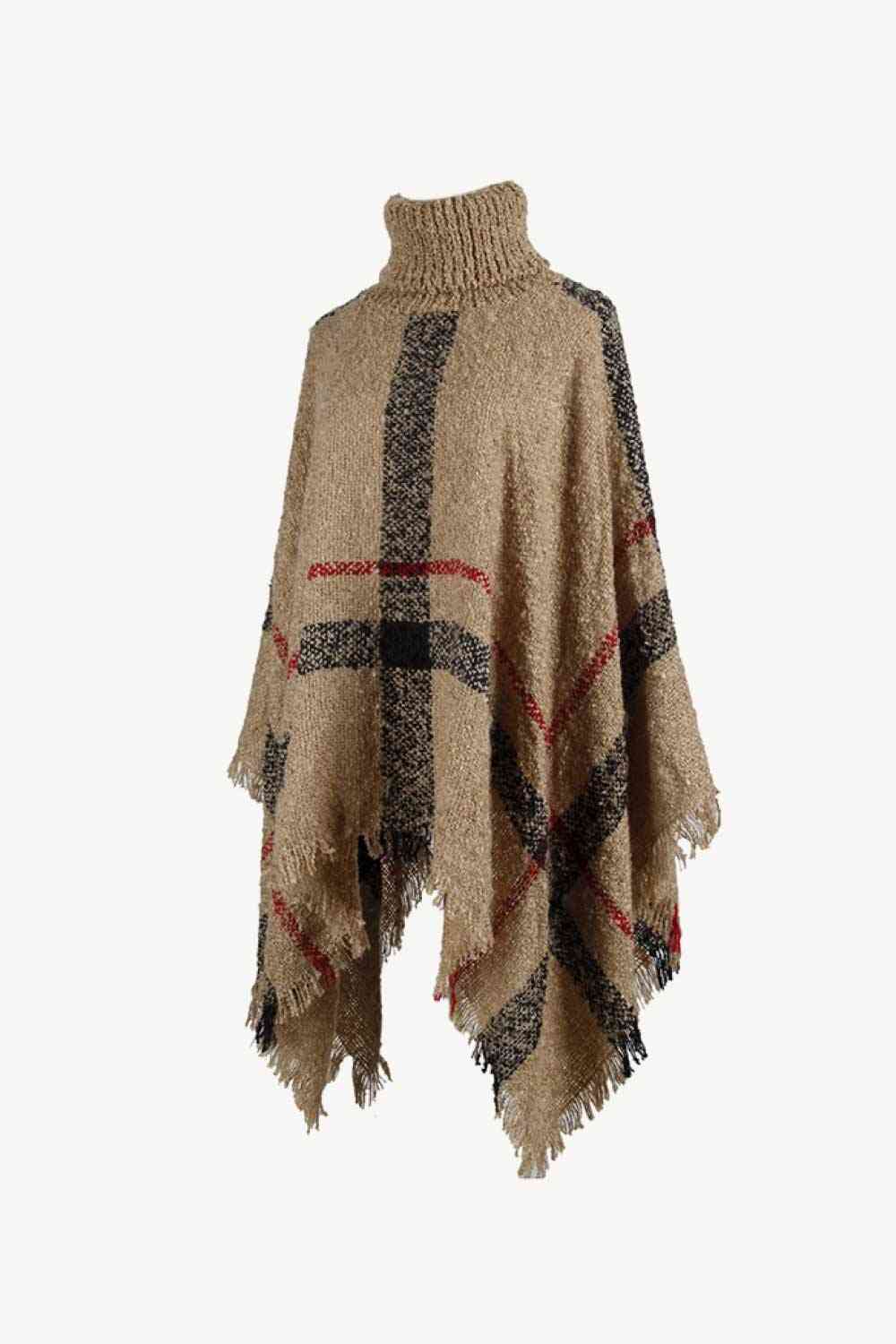 Plaid Turtleneck Raw Hem Poncho