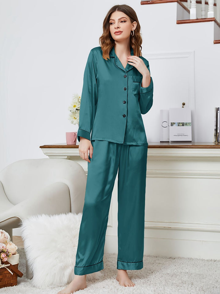 Lapel Collar Long Sleeve Top and Pants Pajama Set