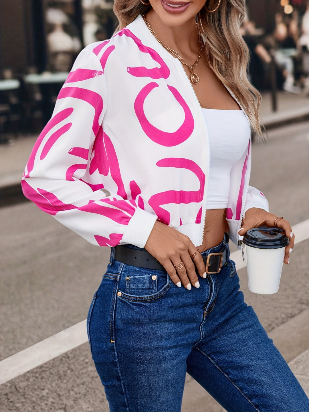 Printed Zip Up Cropped Jacket