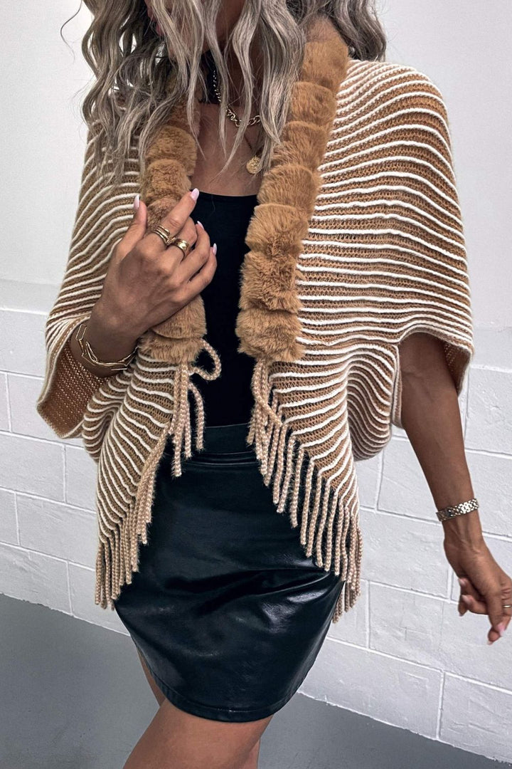 Striped Open Front Fringe Poncho