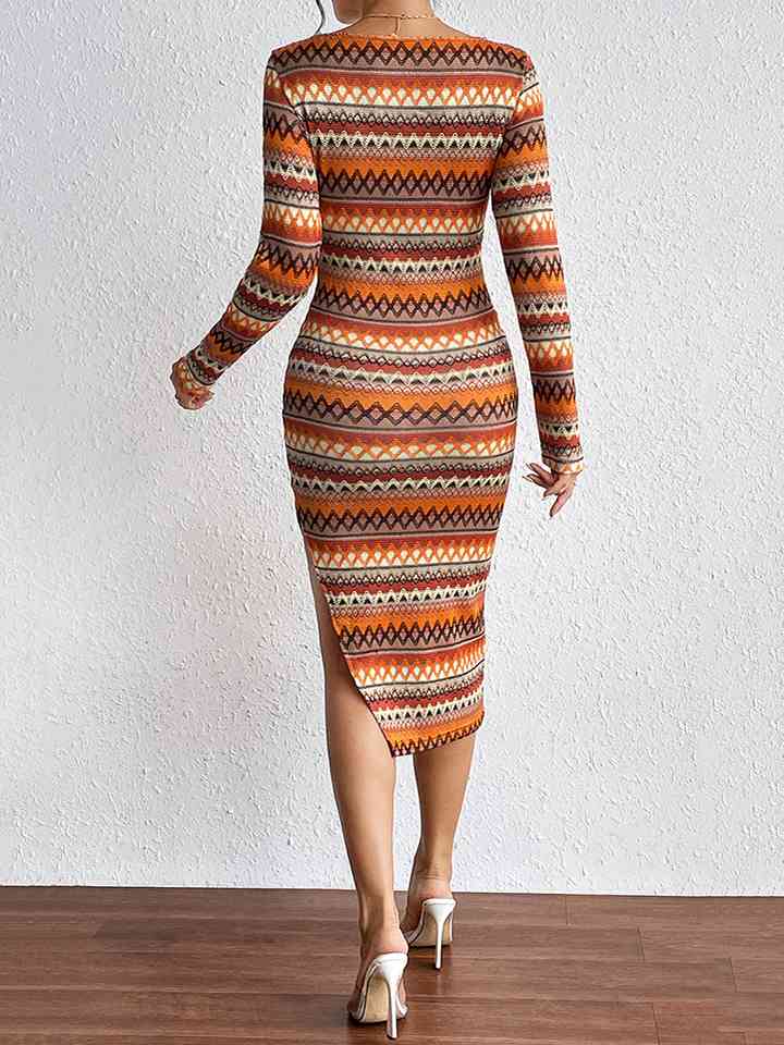 Printed Scoop Neck Slit Pencil Dress